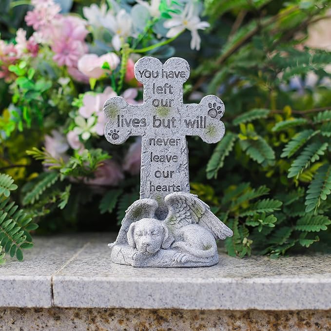 Memorial Statue - Sleeping Dog Angel Cross Tombstone, Grave Marker for Deceased Pet, Loss of Dog Memorial Sympathy Gift - Polyresin, Stone Finish, 8.27 Inch