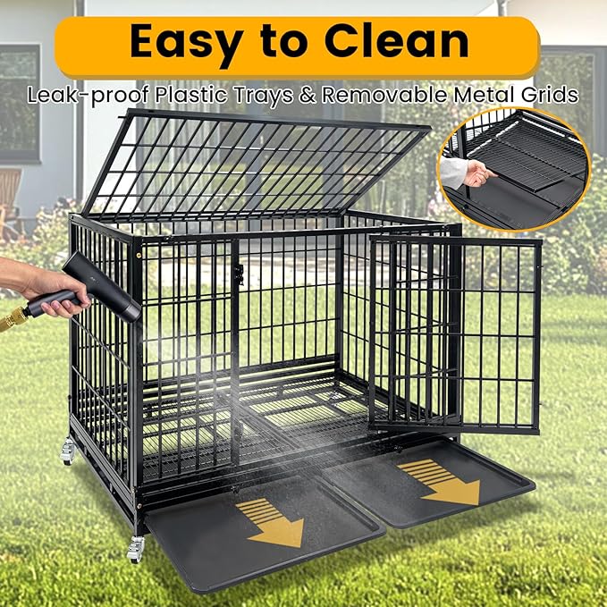 Stackable 47 Inch Heavy Duty Dog Crate for High Anxiety Large Dogs, Indestructible Escape Proof Dog Cage Kennel Indoor with Double Door, Dual Locks, Lockable Wheels, Strong Metal Grid & Removable Tray