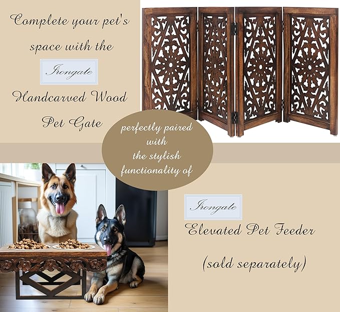 Wooden Foldable Dog Safety Gate - 4 Panels 13" W x 25" H - Hand Carved Solid Wood MDF Puppy Pet Gate - Free Standing Portable Indoor Doorway Stairs Safety Fence - Assembled - Antique Brown - IRONGATE
