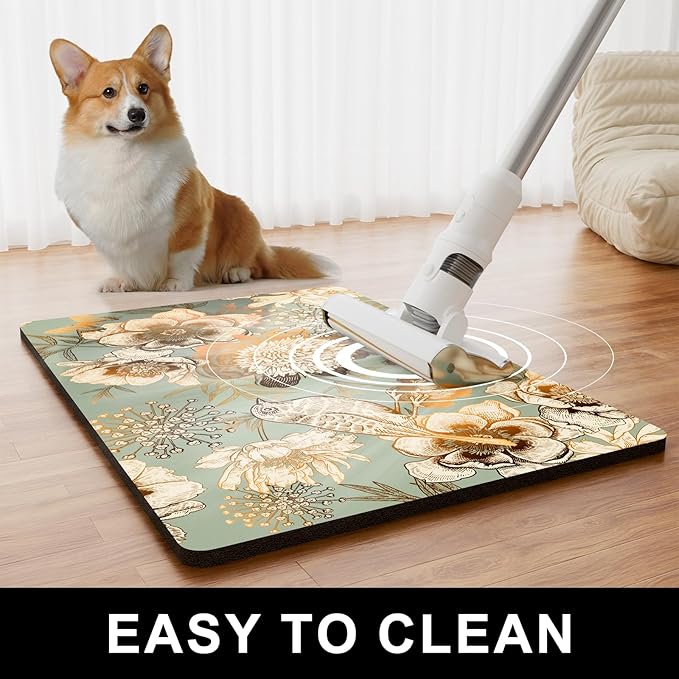 Dog Food Mat, 16" x 24" Flower Absorbent Dog Cat Bowl Mat for Food and Water, Cute Anti-Slip Rubber Pet Feeding Rug Protect Floors, Placemat for Feeding & Watering Supplies, Retro Floral
