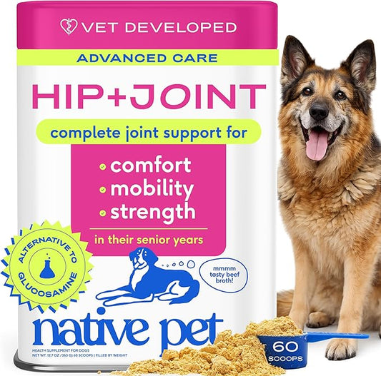 Native Pet Hip & Joint Advanced Care Dog Joint Supplement Powder for Mobility & Movement Support, Joint Supplement for Dogs with HMB, UC-II Collagen, Green Lipped Mussel & Hyaluronic Acid – 60 Scoops