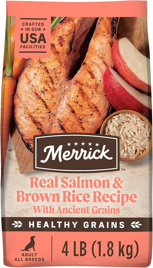 Merrick Healthy Grains Premium Adult Dry Dog Food, Wholesome And Natural Kibble With Salmon And Brown Rice - 4.0 lb. Bag