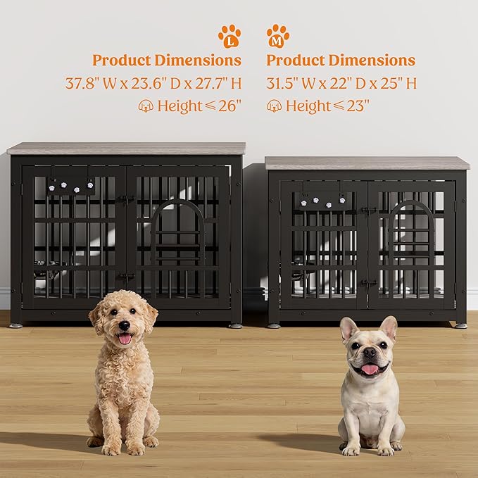 Lulive Dog Crate Furniture 31.5" Wooden Dog Kennel Table with Bowls Heavy Duty Dog Crates for Small/Medium/Large Dogs, Dog Kennel Furniture Indoor as TV Stand End Table,Grey
