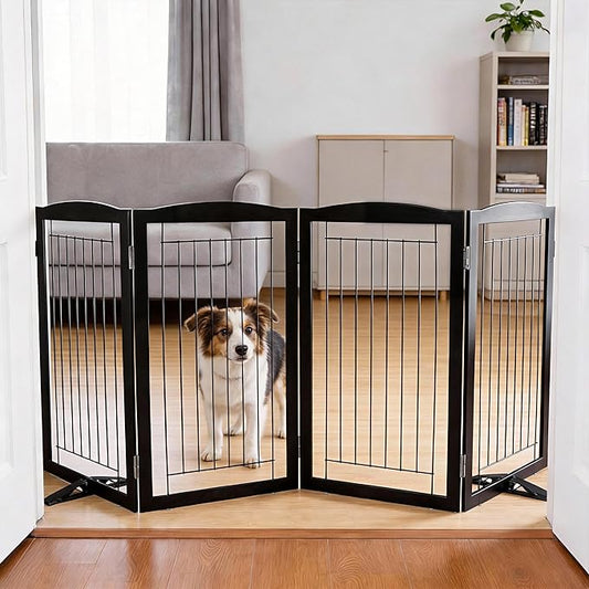 Dog Fence Indoor,Dog Gate Indoor for Doorway pet gate -4-Panel Freestanding, Hallways, House or Stairs -80x32-Inch Retractable Foldable Expandable Wood Pet by SFJC (Black) ﻿