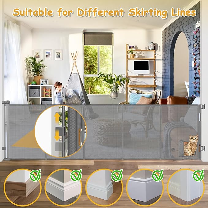 Reinforced 120 Inch Extra Large Retractable Dog Gate with Cat Door 10ft Extra Wide Baby Gates for Large Openings 33 Inch Tall Pet Gate Indoor with Reinforced Strips Long Baby Gates With Cat Door, Gray