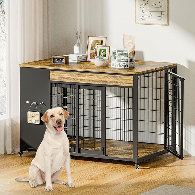 42" Dog Crate Furniture - Dog Crate with DIY Frame, Sliding Door Indoor Kennel, Wooden Dog Cage End Table, for Large Breed, Rustic Brown Size XL
