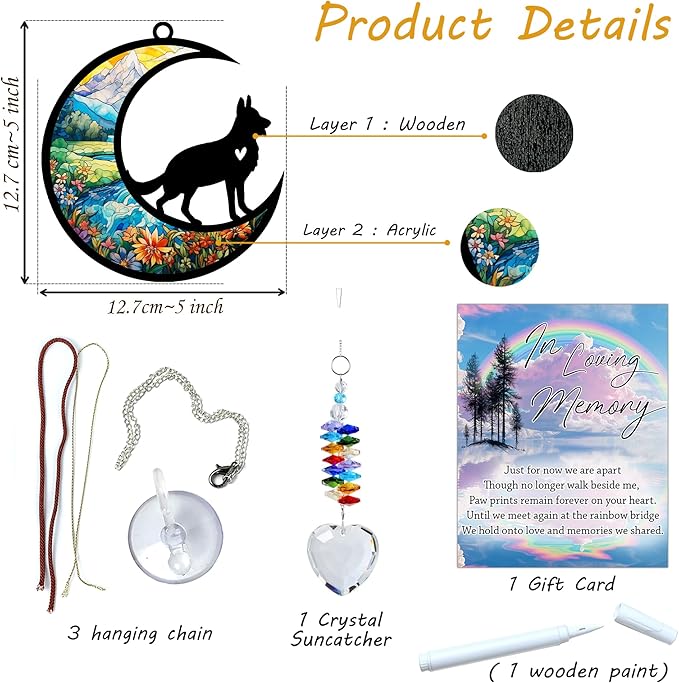 German Shepherd Suncatcher, Personalized Pet Loss Gift with Name & Date, Heart-Shaped Crystal Sun Catcher, Dog Remembrance Sympathy Rainbow Maker for Window & Garden
