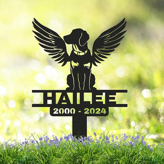 Personalized Custom Dog Memorial Grave Marker with Wings, Metal Loss of Dog Headstone Pet Plaque Burial Stake for Outdoors Cemetery Yard