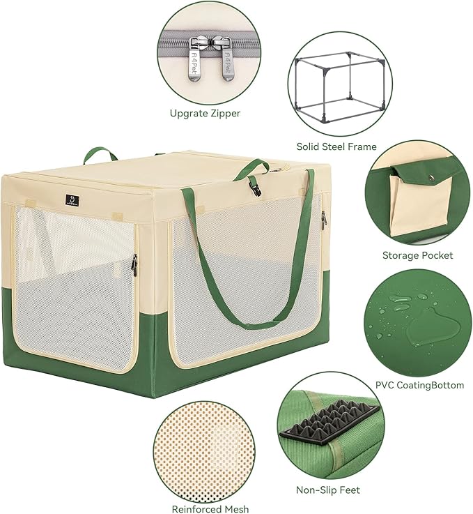 30" Collapsible Dog Crate for Medium Dogs - Portable Soft Travel Kennel with Lockable Zippers, Waterproof Base, Washable Cover, Patented Screw Frame for Adjustable Tension, Outdoor, Indoor, Car Use
