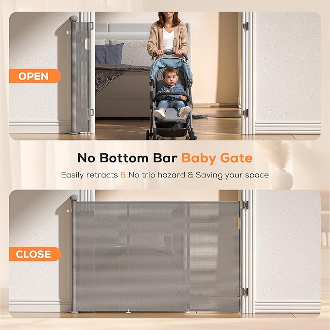 Retractable Baby Gate for Stairs, 48" Tall X 120" Wide Mesh Dog Gate Indoor, Child Gate for Doorways, Hallways, Deck, Indoor Outdoor Pet Baby Safety Essentials for Home, Gray (2 Pack)