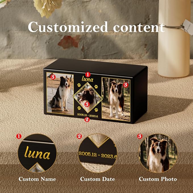 Bemaystar Personalized Pet Urns for Dogs Ashes - Large Custom Pet Memorial Box with Photo, Pet Cremation Urn Box, Wood Keepsake Urn for Pet Cremation, Sympathy Gift for a Pet Weight of Up to 10 lbs
