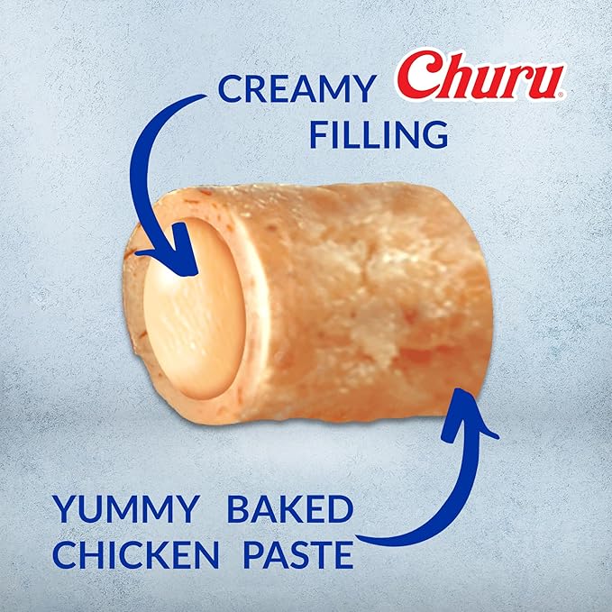 INABA Churu Bites for Dogs, Grain-Free, Soft/Chewy Baked Chicken Wrapped Churu Filled Dog Treats, 0.42 Ounces Each Tube | 48 Tubes Total (8 Tubes per Pack), Chicken with Cheese Recipe