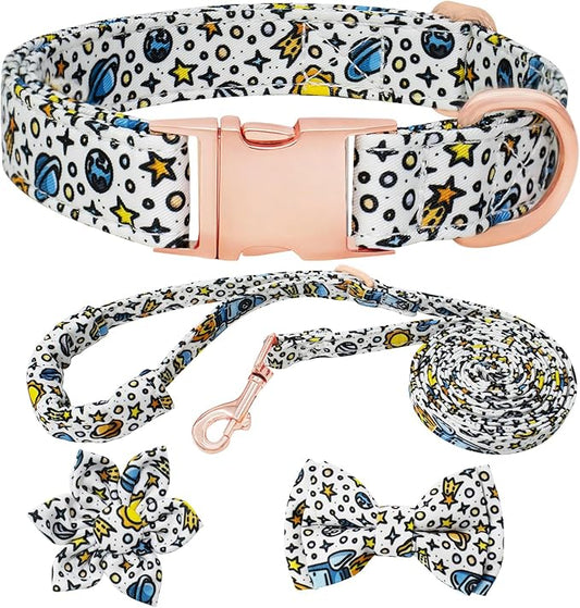 Dog Collar and Leash Set Girls Adjustable Puppy Collars with Floral Bow Tie for Small Medium Large Female Dogs, Solar System, M