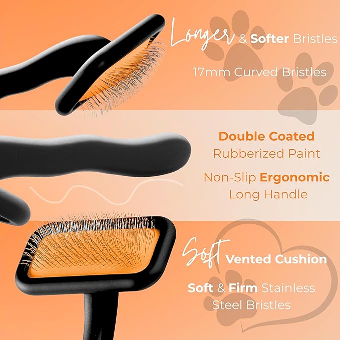 Black Medium Dog Slicker Brush for Dogs and Cats Grooming | Detangle, Fluff & Volumize | Soft Vented Cushion | Matt Rubberized Paint | Ergonomic Handle | Wire Brush | Orange Details
