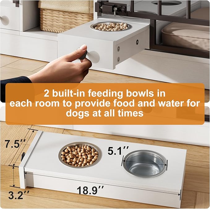 IDEALHOUSE 78.7" Double Dog Crate Furniture with Storage and 2 Doors, Dog Kennel Indoor with Feeding Bowls, Wood Dog Crate TV Stand for Small Medium Dogs, White