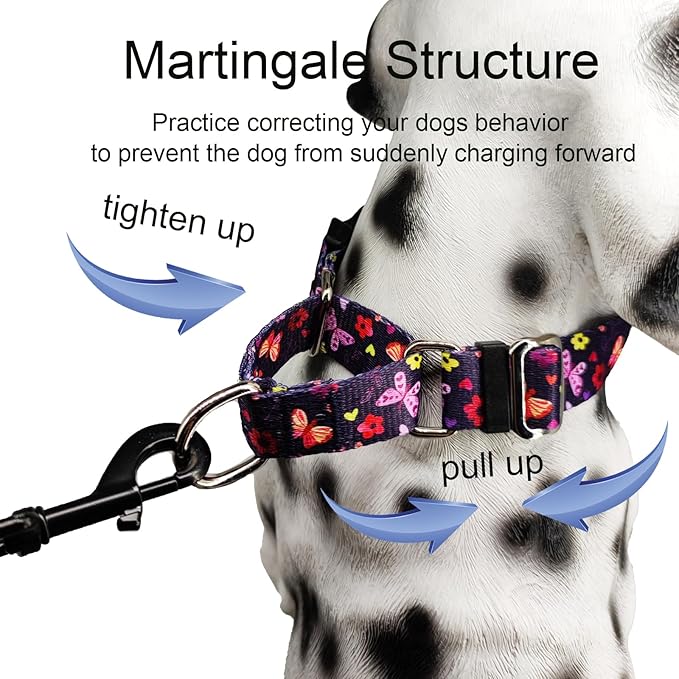 Martingale Collar with Buckle Purple Nylon Adjustable Cute Girl Female Dog Collars (Butterfly Floral, Medium)