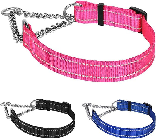 CollarDirect Martingale Dog Collar Training Adjustable Stainless Steel Chain Reflective Nylon Pet Collars for Medium Large Dogs (S, Neck Fit 12"-18", Pink)