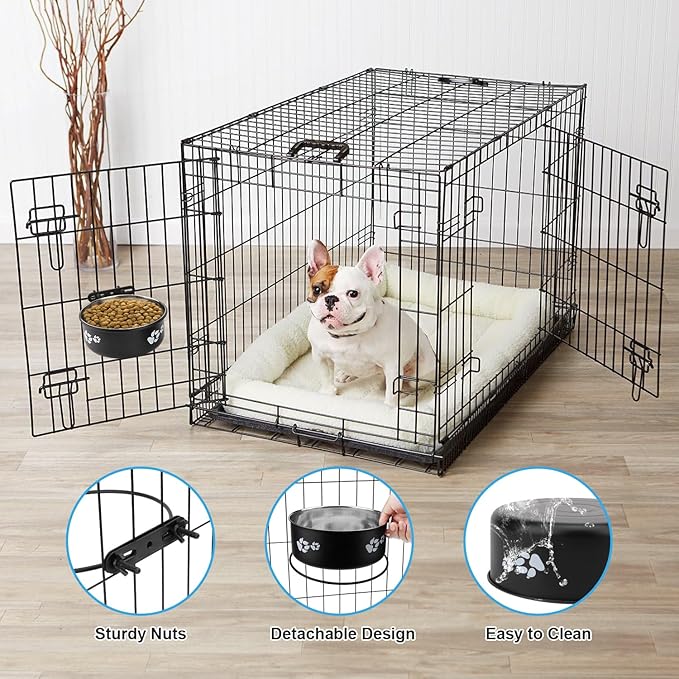 Dog Bowl Kennel Water Bowl Hanging Stainless Steel Pet Food Water Bowl Cage Feeding Cup Feeder for Medium and Small Dogs Cats (Black, Medium 6.3")