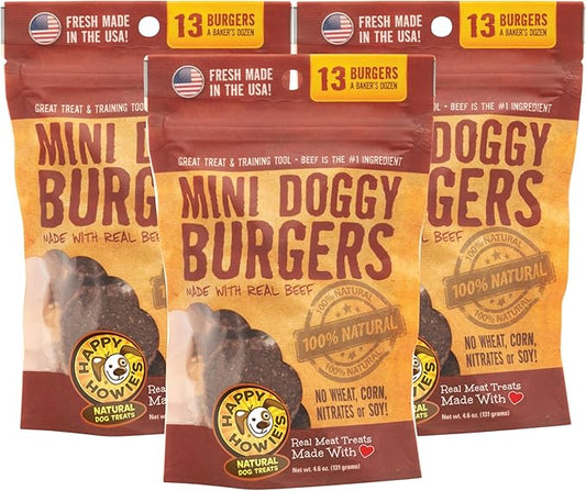 Happy Howie's Mini Doggy Burgers - Natural Healthy Dog Treats, Made with Real Beef, Long Lasting, Chewy, Hormone and Gluten Free - Beef, (Pack of 3)