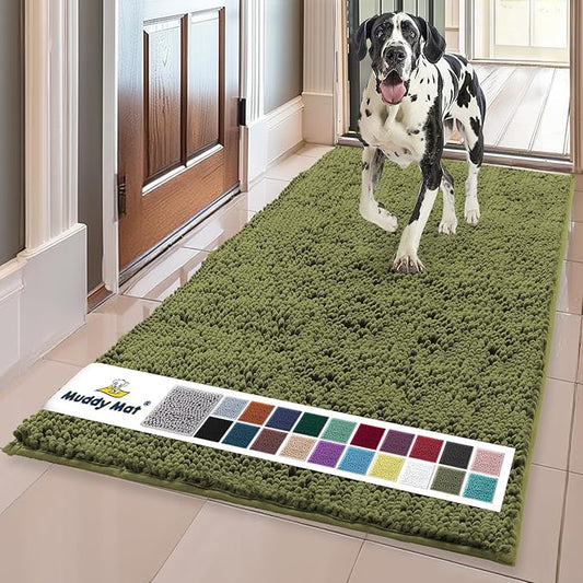 Muddy Mat® | Super Absorbent Door Mat Indoor, Microfiber Quick Dry Chenille Entryway Rug, Non-Slip Front Door Mat, Indoor Mats for Entryway, Machine Washable Pet Rug, Army Green 24" x 96"
