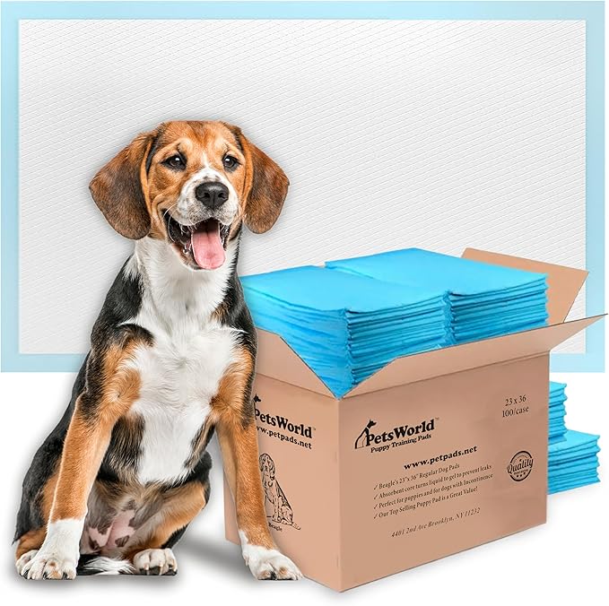 PETSWORLD Puppy Pads, 23x36 Inch, 100 Count - Puppy Pee Pads for Dogs, Tear Resistant, Economy Value, Super-Absorbent Polymer Gel Core, Perfect for Puppies, Smaller Dogs