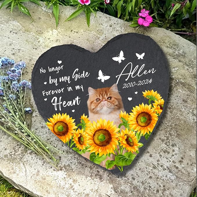 Cowcute Personalized Pet Memorial Stones for Cat Dog, Loss of Dog Sympathy Gifts for Dog Mom, Customized Bereavement Grave Marker with Photo Name Dates, No Loger by My Side Garden Stone