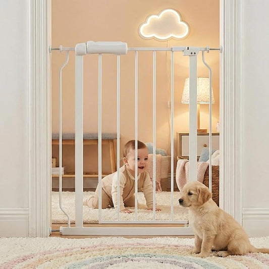 Narrow Baby Gate for Stairs 25-28 Inch Dog Gate for Doorways Hallway, Pressure Mounted Walk Through Gates, Indoor Safety Child Gates for Kids or Pets White