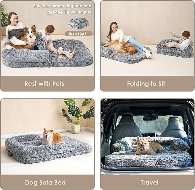 EHEYCIGA Foldable XL Dog Bed, 46"x34"x6.5" Faux Fur Fluffy Pet Couch Bed for Large Dogs, Orthopedic Calming Memory Foam Big Pet Bed, Washable Soft Pet Sofa Bed with Non-Slip Bottom, Grey