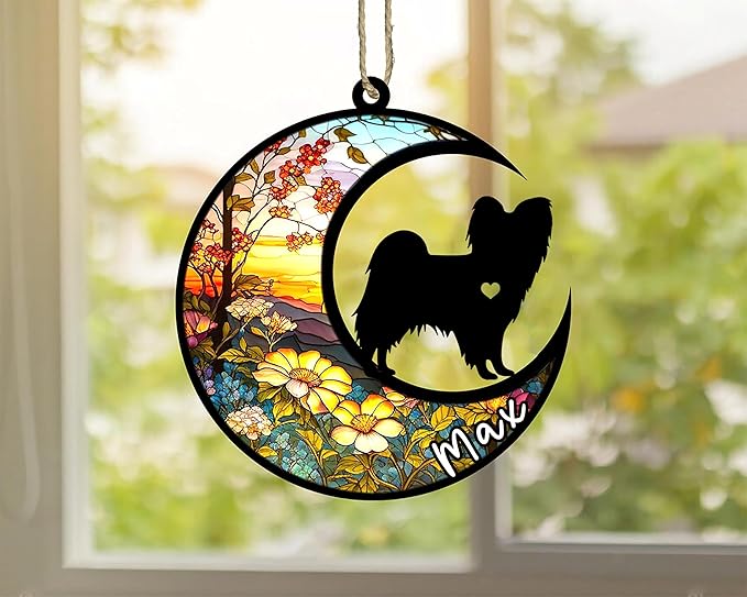 Personalized Dog Memorial, Custom Name Papillon (Black White) Dog Christmas Ornament with Name, Custom Breeds, Pet Loss Light Catcher, Gifts for Lovers Loss of Pet Sympathy on Mothers Day Christmas