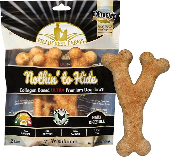 Fieldcrest Farms Nothin' to Hide Collagen-Based Dog Chews, Wishbone, Chicken Flavor, Ultra-Premium, for Dogs Over 50lbs, Easily Digestible, Supports Skin, Coat, Joints & Muscles, 7-Inch, 2 Pieces