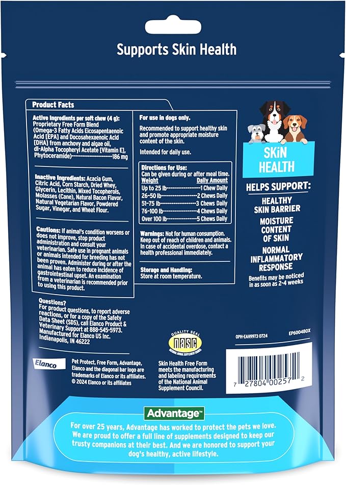 Pet Protect Skin Health Supplement for Dogs, Proprietary Free Form Blend, Bacon-Flavored Soft Chews (60 Count)
