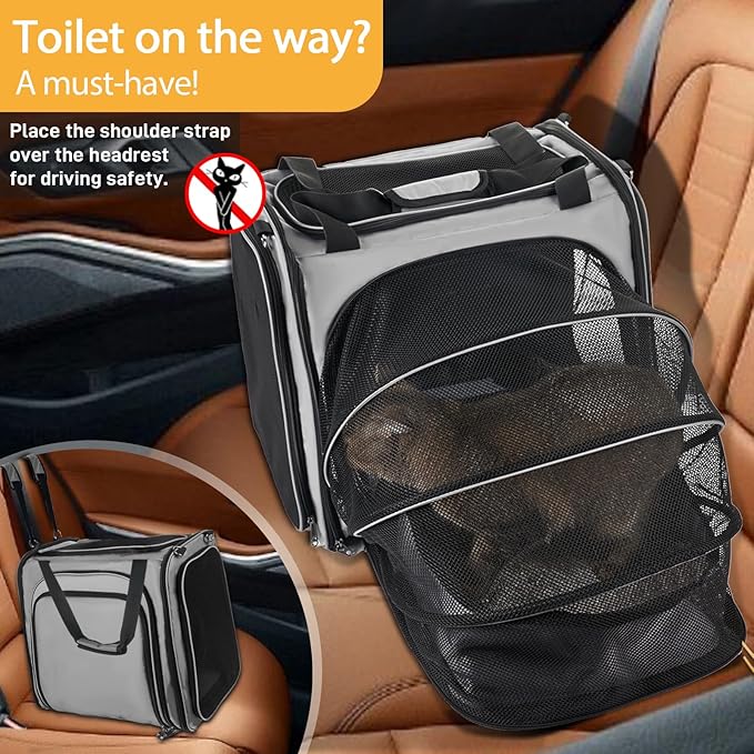 Cat Carrier with Litter Box for Large Cats, Expandable Cat Carrier for Car Travel Long Distance, Dog Carrier for Pets up to 20 lbs, Gray