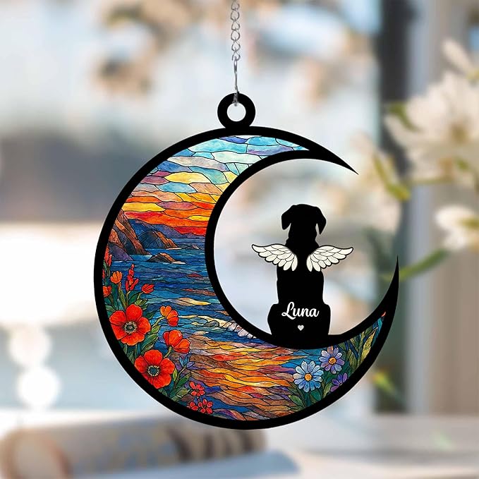 Personalized Dog Memorial Ornament with Name & Breed, Custom Pet Loss Sympathy Gift, in Loving Memory Rainbow Sun Catcher, Unique Window Decoration for Dog Lovers