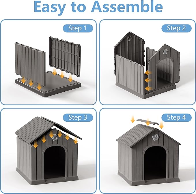 DRATO Indoor & Outdoor Dog Houses, Resin Material Pet Shelter with Waterproof Feature and Ventilated Design,Gray