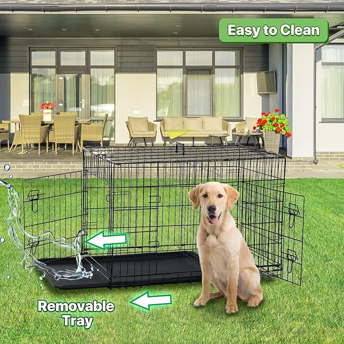 42 Inch Large Dog Crate Pet Cage Pet & Animal Kennel Dog Crate Furniture Metal Folding Two-Door Indoor Outdoor Strong Metal Dog Cage Divider and Handle Plastic Bottoms for Small/Medium Dogs…
