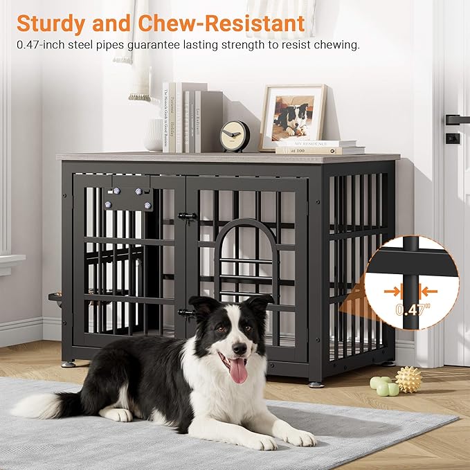 Dog Crate Furniture with Name Tag, Dog Kennel Indoor with 360° Rotating Feeder and Adjustable Heights Bowls, Wooden Decorative Pet Cage End Table for Small Medium Dogs, Grey 37.8" L