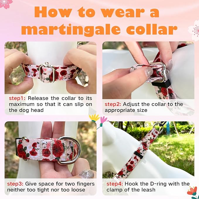 Hikiko Martingale Collar for Dogs with No Buckle Female Designer Floral Dog Collar Nylon No Pull Dog Collars for Medium Dogs,Red Rose,M