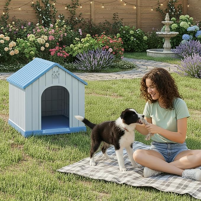 DRATO Indoor & Outdoor Dog Houses, Resin Material Pet Shelter with Waterproof Feature and Ventilated Design,Blue