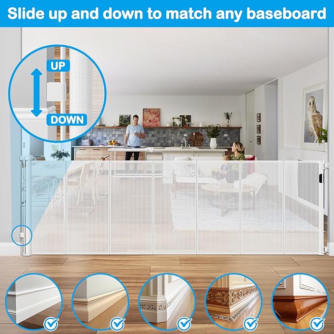 Reinforced 42" Extra Tall Retractable Baby Gates for Doorway, 200" Retractable Dog Gate With Support Rod, 16ft Extra Long Baby Gate for Large Opening, Bottom Anti-Crawl Indoor/Outdoor Mesh Child Gates