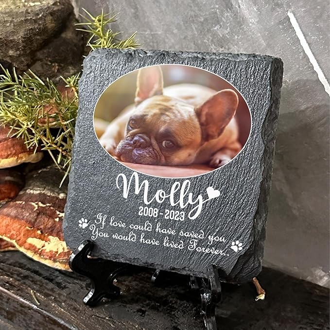 Personalized Individual Square Memorial Plaque + Stand for Pet Cat Dog Slate Stone Frame Paw Grave Marker - Size 3.94" x 3.94" or 100 x 100 mm - Oval Photo