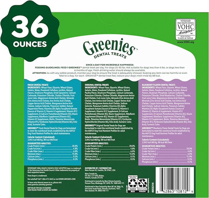 Greenies Veterinarian-Recommended Natural Dental Dog Treats, Dental Chews For Dogs, Regular Size, Variety Pack Flavor, (3) 12 oz. Packs, 36 Count