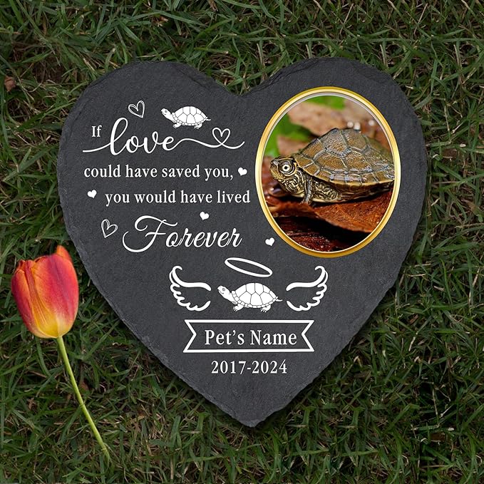 Personalized Pet Turtle Memorial Stones with Photo, Custom Sympathy Gifts for Loss of Pet Turtle, Pet Turtle Grave Markers Headstone, Heart Shaped Pet Turtle Memorial Plaque Garden Stone