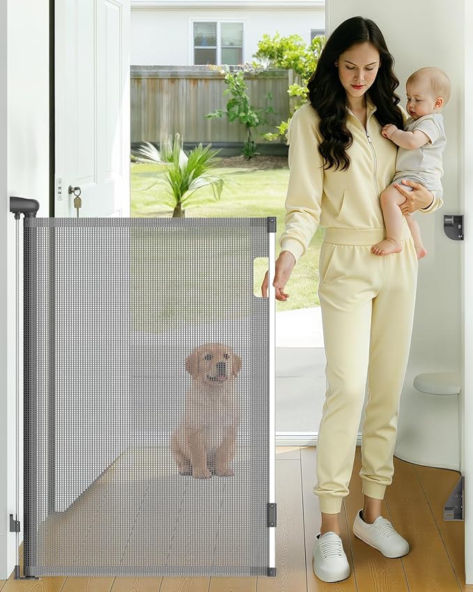 Retractable Baby Gate, 38" Extra Tall Mesh Baby Gate with Auto-Tension Design, 55" Wide One-Hand Operation Dog Gates for Doorways and Hallways, Safety Gate for Babies and Pets, Gray