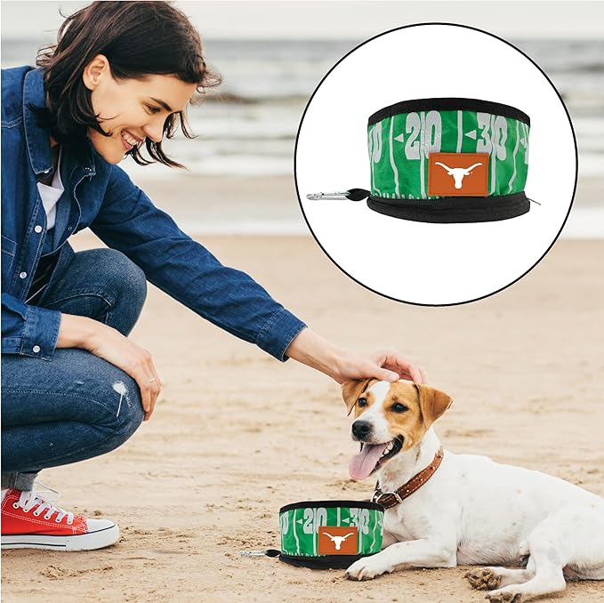 Pets First NCAA Texas Longhorns Collapsible Dog Travel Bowl, Food and Water Bowl for Dogs & Cats. Lightweight Leak-Proof Pet Bowl for Travel with Football Field & Pebble-Grain Design