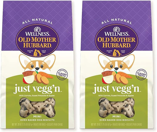 Old Mother Hubbard Wellness Just Vegg'n Dog Biscuits, Natural, Training Treats, Sweat Potato, Oats, Apples & Carrots Flavor, Mini Size, (20 Ounce Bag) (Pack of 2)