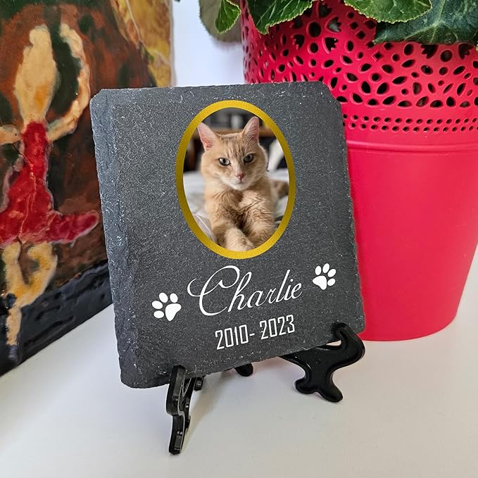 Personalized Individual Square Memorial Plaque + Stand for Pet Cat Dog Slate Stone Frame Paw Grave Marker - Size 3.94" x 3.94" or 100 x 100 mm - Gold Frame Photo