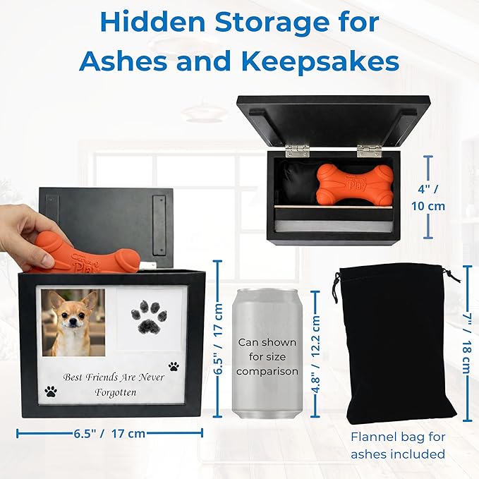 Dog Urn for Ashes, 4 Customizable Displays with Paw Print Ink Kit and Flannel Bag, Pet Urns for Dogs Ashes, Pet Cremation Box, Cat Urn for Ashes, Dog Ashes Keepsake (Black Small)