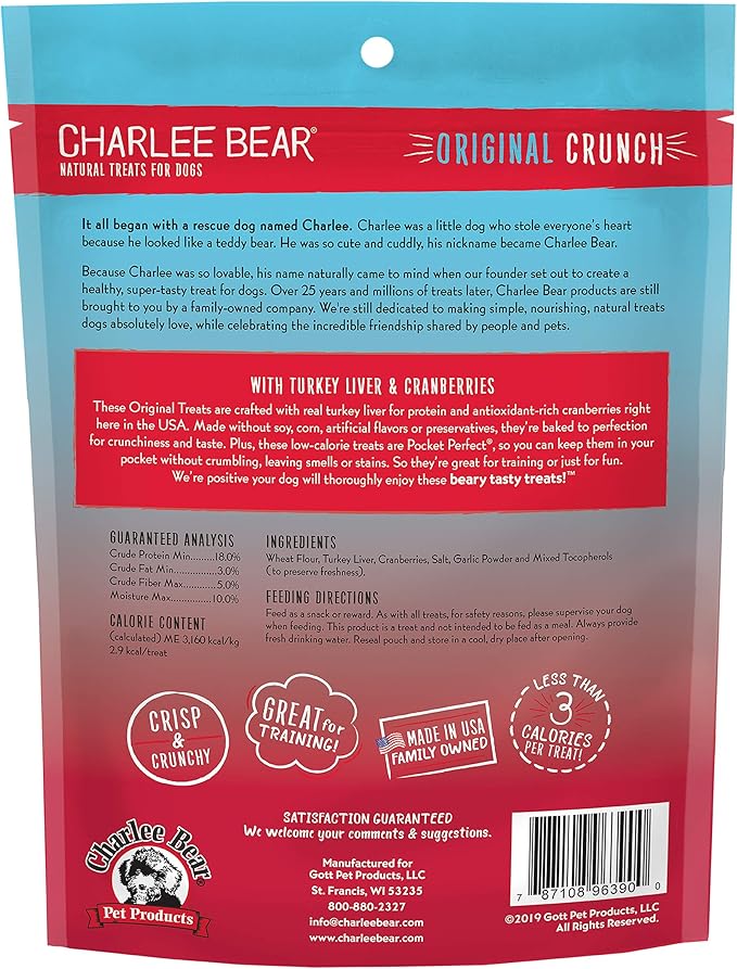 Charlee Bear Original Crunch Dog Training Treats, Turkey Liver & Cranberries, 3 Calories Each, Low Calorie Natural Rewards for Puppies to Adult Dogs, Made in USA, 16 oz (3-Pack)