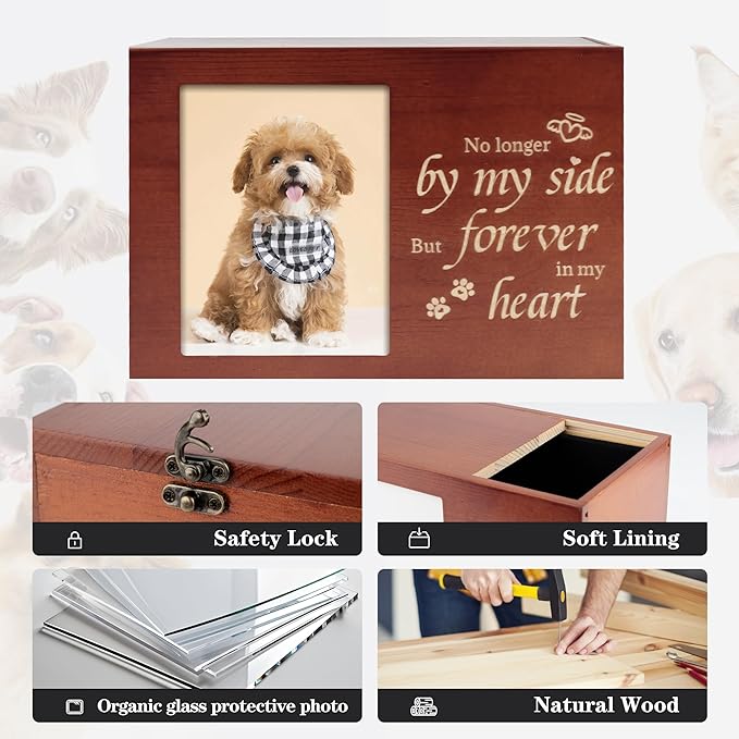 Pet Urns for Dogs or Cats Ashes with Photo Frame, Wooden Memory Box for Keepsakes with Black Flannel as Lining, Pet Memorial Gifts for Dogs (Brown X-Large)