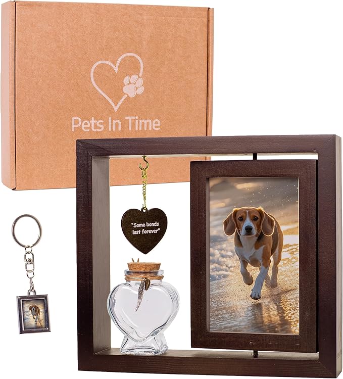 Pet Memorial Frame Set for Loss of Dog or Cat – Dog Memory Frame, Rotating Pet Memorial Photo Frame Shadow Box for Ashes, Cat Shadow Box Memorial, Engraved Charm & Photo Keychain – Pet Remembrance Keepsake